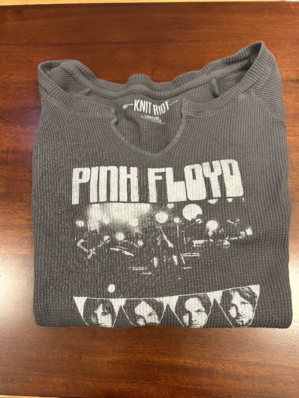 Knit Riot Pink Floyd Graphic Thermal Waffle Knit Long Sleeve Shirt Grey